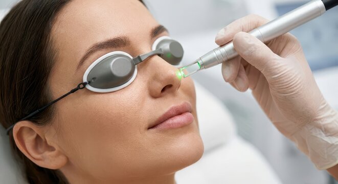 Close-up of a woman receiving a professional laser treatment on her nose for skin rejuvenation and cosmetic enhancement.