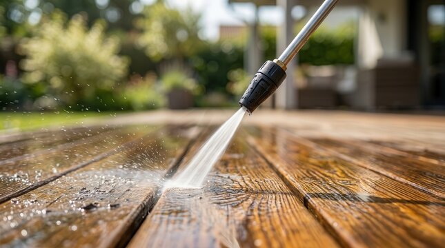 Pressure washer nozzle cleaning a wooden deck surface to remove dirt and restore finish