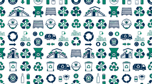 Urban recycling hub icons and municipal waste symbols arranged in a sophisticated seamless repeating pattern for city themes.