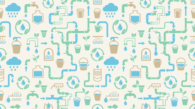 Sustainable water collection icons and greywater recycling symbols forming a continuous seamless pattern for green building