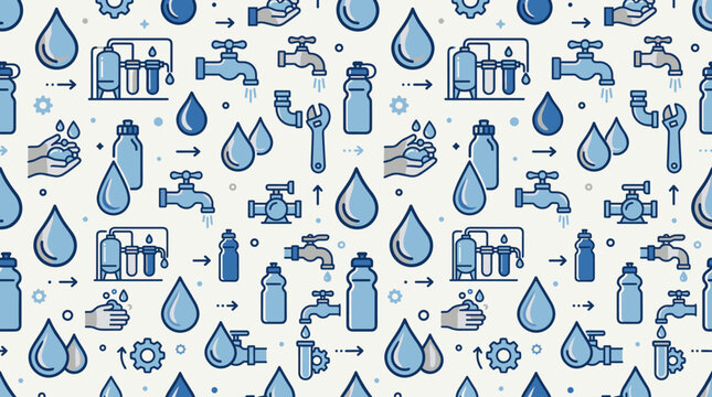 Clean water access icons and hydration technology symbols arranged in a seamless repeating pattern for humanitarian branding use.