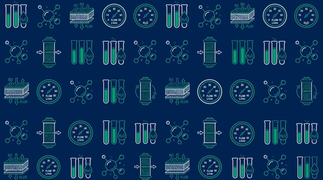 Water filter technology icons and purification symbols arranged in a sophisticated seamless repeating pattern for technical themes