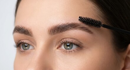 Naklejka premium Close-up of a woman's eye and perfectly groomed eyebrows being styled with a brush.