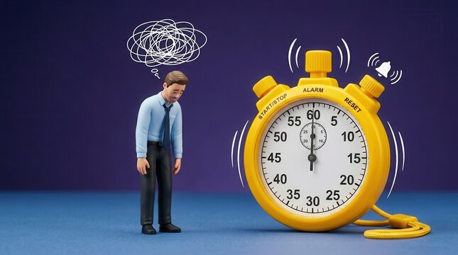 Tired office worker figure facing a deadline with a stopwatch and burnout symptoms.
