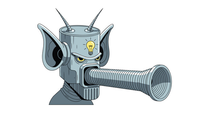 Surreal robot head with large ears and a long snout featuring a bright light bulb icon on its forehead representing creative ideas and technology.