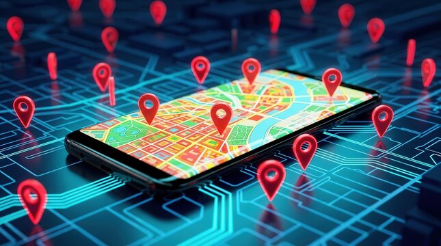 Digital geofencing concept with a mobile device displaying a map and virtual boundaries.