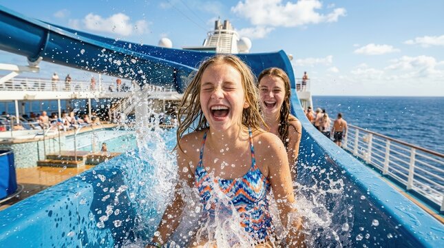 Joyful friends racing down a water slide on a cruise ship.