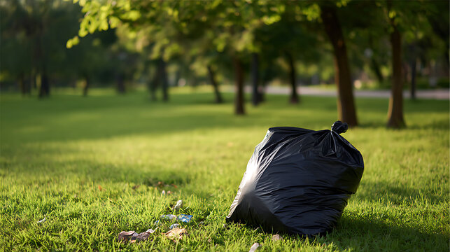 Black plastic trash bag full of waste on lush green grass in a park, symbolizing environmental pollution and the need for clean-up and conservation