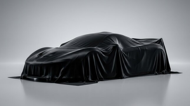 A sleek car hidden under a black silk sheet in a minimalist studio.