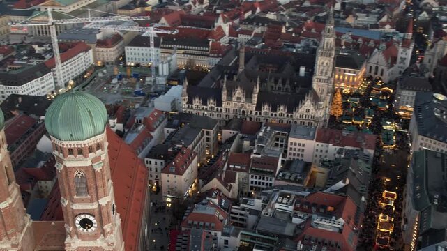 An aerial panorama view around the old town in the capitol city Munich during the Christmas time ona cloudy afternoon.
