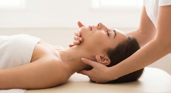 Close-up of a woman receiving a gentle neck massage from a therapist on a massage table, promoting relaxation and well-being.
