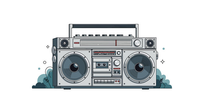 Detailed illustration of a vintage silver boombox with large speakers and cassette player on a background with stylized plants and blue shapes.
