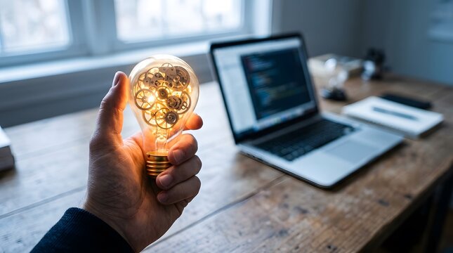 Hand holding a glowing light bulb with intricate internal clockwork gears on a wooden desk