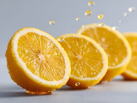 Lemon wedges sit in a row with juice droplets flying off the foremost wedge