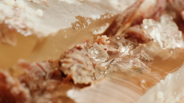 Meat aspic, slavic food, Traditional Russian pork meat aspic Kholodets with horseradish, mustard, jellied jelly beef, eating in restaurant chicken tasty dish. Close up on kitchen. 