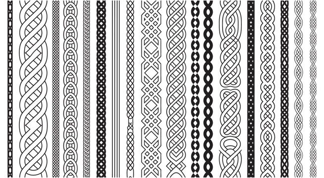 Braid Celtic knot border seamless pattern set, vintage frame ornament, tattoo bracelet Viking engraving, braided rope divider, vector isolated brushes set