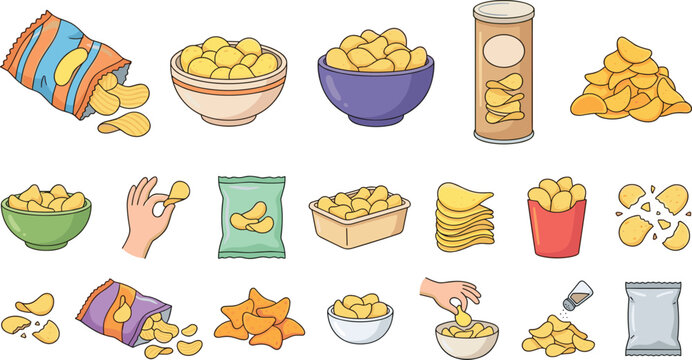 Large Set of Potato Chips and Crispy Snacks Vector Illustrations Featuring Bags Bowls Containers and Pringles Style Packaging