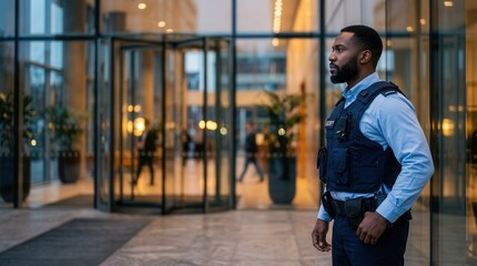 Fototapeta premium Professional male security guard standing by modern glass doors.