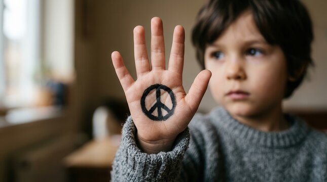 Faceless child with a peace symbol painted on hand for anti-war and anti-violence advocacy