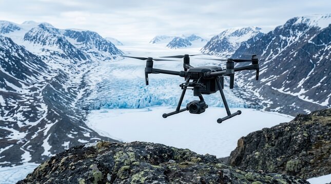 Aerial view of a drone surveying a vast glacial landscape and ice-covered lake for scientific research.