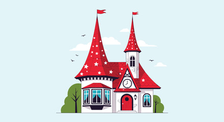 Fototapeta premium Whimsical house illustration with tall red star-patterned towers and a circular clock face on a light blue sky background.