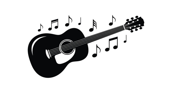 Acoustic guitar with musical notes and clef black and white silhouette high quality professional detailed modern elegant stylish clean crisp vibrant