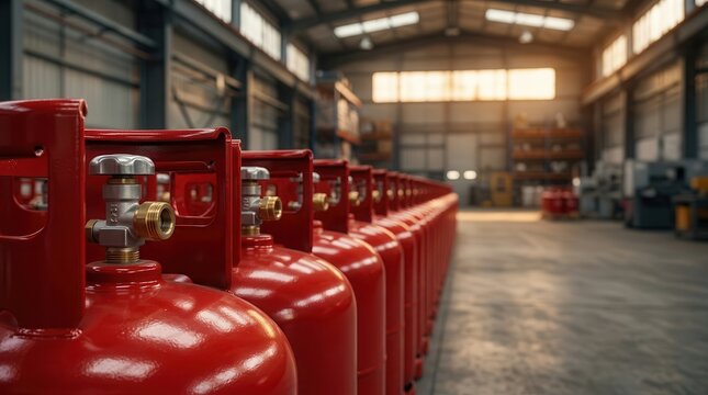 Red LPG gas cylinders aligned in a row inside a warehouse for delivery.