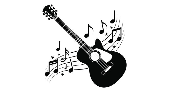 Acoustic guitar with musical notes and stars black silhouette high quality professional detailed modern elegant stylish clean crisp vibrant colorful digital
