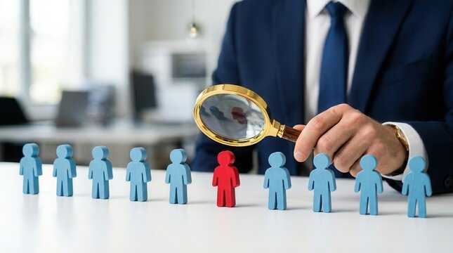 Human resources control process investigating an employee with a magnifying glass for disciplinary issues.