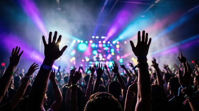 Crowd silhouettes raising hands and dancing under ultraviolet lights in a packed nightclub.