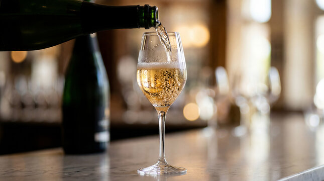 Bubbly golden liquid cascades into an elegant flute glass from a green bottle, creating a delightful effervescence