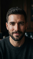 Obraz premium Close-up portrait of a handsome confident man with a neat beard, highlighting men's skincare and grooming concepts on a dark background