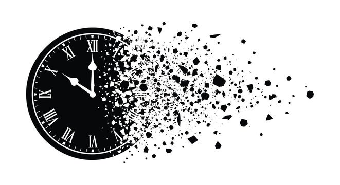 Exploding clock face with shattered fragments black and white silhouette high quality professional detailed modern elegant stylish clean crisp vibrant colorful