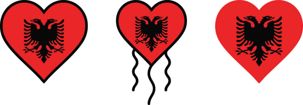 Set of Albania flag heart icons featuring the double headed eagle symbol in various styles isolated on white background