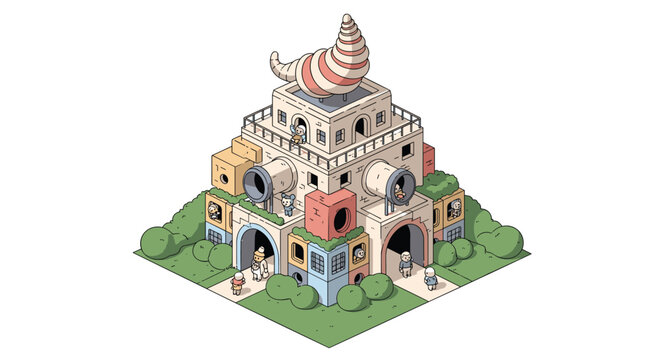 Isometric illustration of a unique modular building complex with colorful blocks, tunnels, and a large striped shell on the roof.