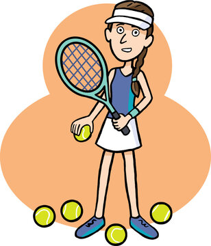 Tennisspielerin mit Schirmm&uuml;tze, Schl&auml;ger und vielen B&auml;llen