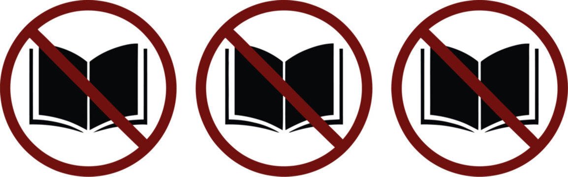 No books allowed sign featuring prohibition symbol, banned literature and restricted reading concept, modern flat vector design for library rules, censorship warning, and access control signage system