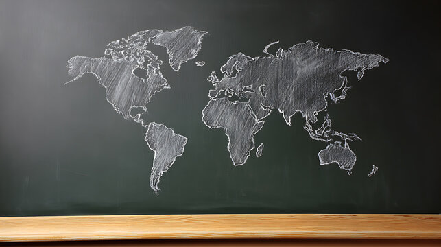 Chalkboard World Map Illustration on Dark Background with Wooden Ledge Below, Global Education Concept, Travel and Geography