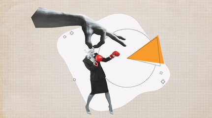 A hand is reaching down to manipulate a figure in boxing gloves. The figure stands on a circular shape, indicating a dynamic relationship between control and action. © Prostock-studio