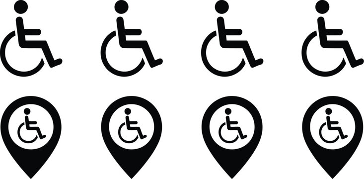 Disabled wheelchair icon set, clean vector glyph collection of accessibility markers and mobility icons for location systems disability support and inclusive UI design.