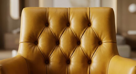 Fototapeta premium Close-up detail of a luxurious yellow leather armchair with tufted button accents and soft lighting.