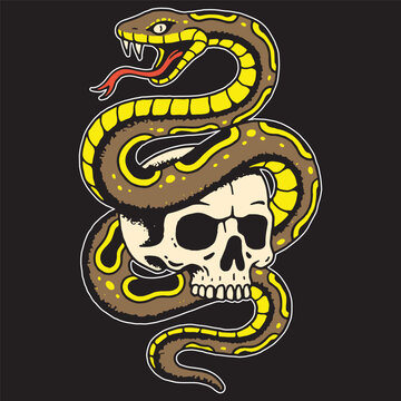 SNAKE WITH SKULL TATTOO COLOR BLACK BACKGROUND