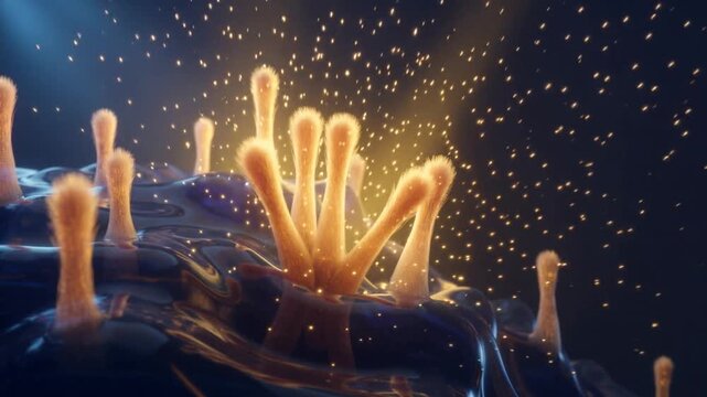 Microscopic 3D animation of cilia on a cell membrane releasing glowing signaling molecules