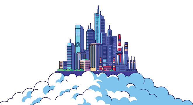 Futuristic metropolis of blue skyscrapers is built high above the earth on a massive white cloud for a science fiction city concept.