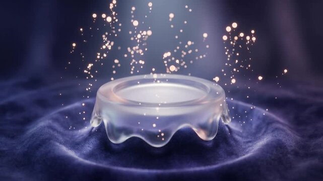 Abstract 3D glass podium on blue velvet surface with glowing particles for product showcase