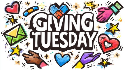 Fototapeta premium Vibrant cartoon art celebrates Giving Tuesday. Hands offer gifts, hearts, and stars. Joyful, colorful, and full of generosity. Perfect for charity campaigns or community events