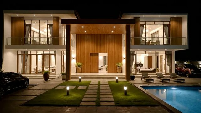 Modern luxury contemporary home exterior with expansive glass walls illuminated by warm evening lighting showcasing sleek wooden paneling and expansive terrace overlooking landscaped garden pathways