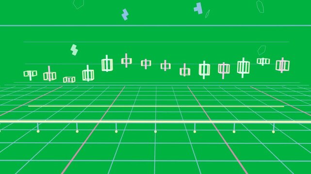Neon grid stage on transparent background, camera pulling back, pastel candles forming to show data