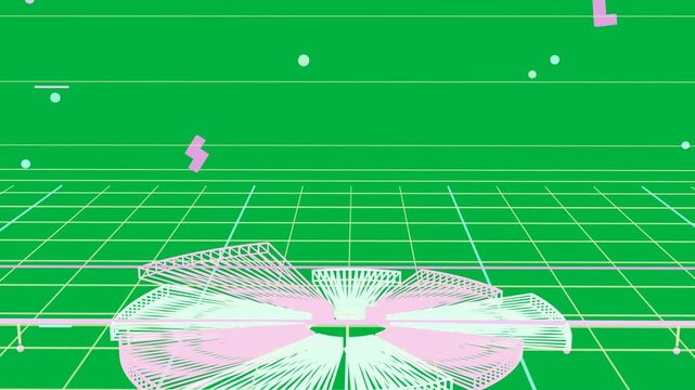 Fan emerging causing ring rotating and fanning dots drifting cam-up showing grid on transparent bg