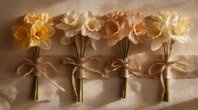 Soft daffodils rest on a woven ribbon. Delicate petals glow in warm, golden tones. Green stems peek from vintage lace. Ribbon ties wrap gently around blooms. Background fabric adds cozy